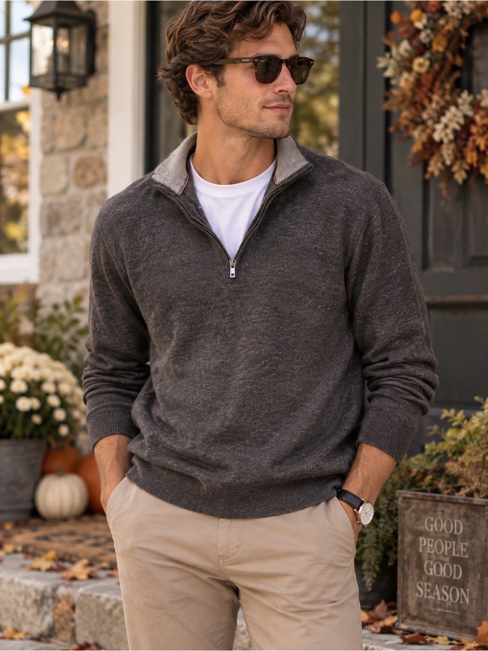 Faherty Men's Charcoal Gray Quarter-Zip Sweater Size L